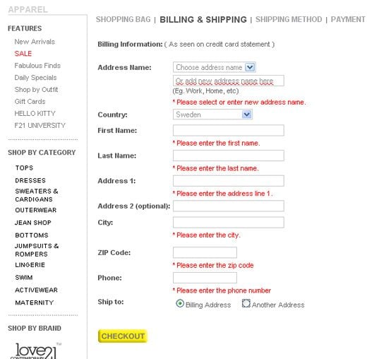 Forever21 offers either Billing Address or Another Address option to ...